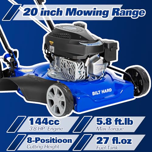 BILT HARD Gas Lawn Mower 20 inch, 144cc 4-Cycle OHV Engine Lawnmower, 8 Adjustable Cutting Heights Push Mowers for Lawn, Yard and Garden