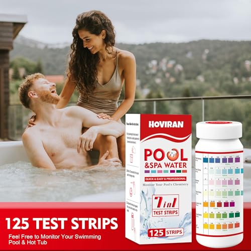 Pool Test Strips 7 Way, 125 Quick Swimming Pool Test Strips, Reliable Hot Tub Spa Water Testing Kit for Bromine, Total Alkalinity, pH, Free Chlorine, Total Hardness, Cyanuric Acid, and Total Chlorine