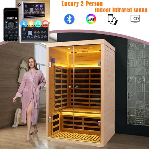 Smart App Control 2 Person Ultra Low EMF (＜5mG) Far Infrared Sauna for Home,1780W Hemlock Indoor Sauna Spa with Touch Panel, Insulation Cover, Bluetooth Speaker, Chromatherapy Light, Reading Light