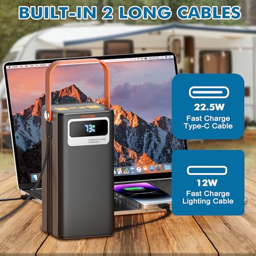 PGYOB Portable Power Station 166Wh, 22.5W Fast Charging Power Bank with Built-in Cables for iPhone/Android/MacBook, 45000mAh Battery Solar Generator with LED Light for Camping & RV, Home, Travel