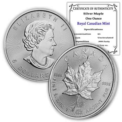 1988 - Present (Random Year) 1 oz Canadian Silver Maple Leaf Coin Brilliant Uncirculated with Certificate of Authenticity $5 Seller BU