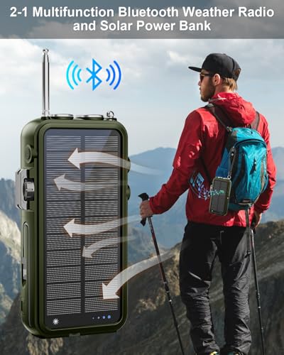 Emergency Radio&22000mAh Solar Power Bank, FM NOAA Weather Radio, Portable Hand Crank Bluetooth Radio, 20W Fast Charge Wireless Phone Charger, SOS Flashlight for Emergency/Home