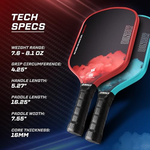Dinkly Raw Carbon Pickleball Paddles Set of 2, T700 Carbon Fiber Rackets with 16MM Honeycomb Polymer Core, 4 Balls and 1 Portable Carry Bag, USAPA Approved Pickleball Set for Men, Women, Red & Blue