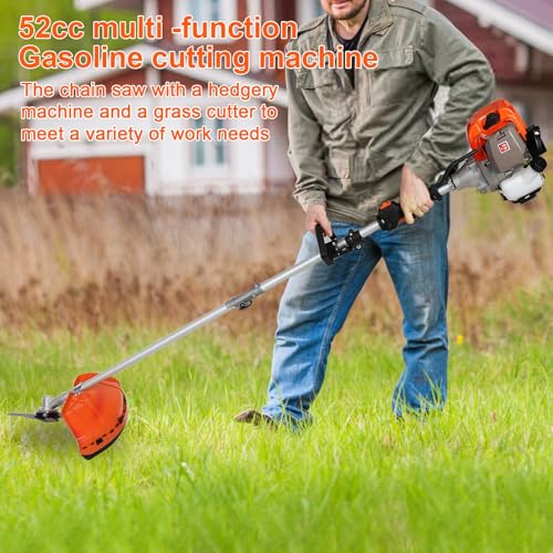 Gas Weed Eater, 52cc 2 Stroke Weed Wacker 6 in 1 Lawn Mover Include String Trimmer Brush Cutter Pole Saw Hedge Trimmer for Yard Garden Care 9500rpm 3000r/min Engine Speed 120cc Oil Tank Orange