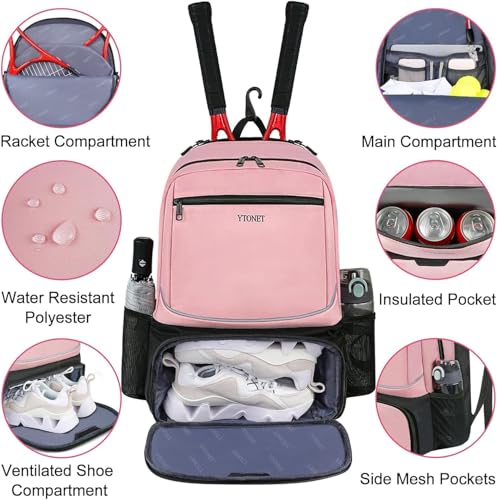 Ytonet Tennis Bag Tennis Backpack for Women Men 2 Rackets with Insulated Pocket Ventilated Shoe Compartment