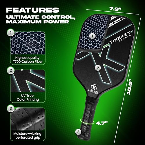Pickleball Paddles Set of 2, Reinforced T700 Raw Carbon Fiber Paddles with High Texture Surface and Perforated Comfort Grip, Honeycomb Polypropylene Core, 4 Durable Pickleballs & Carry Bag.