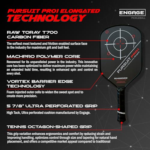 Engage Pursuit Pro1 Elongated Carbon Fiber Pickleball Paddle - 8.0 oz, 13mm MachPro Core, Raw Carbon Fiber, Made in USA (Fierce-Red, Elongated)