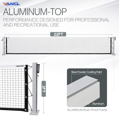 VANCL Surface Mount Pickleball Net System Heavy-Duty Rust-Proof Aluminum Posts with Hand Crank Tension System - 22ft Regulation Size - Includes Concrete Anchors & Accessories