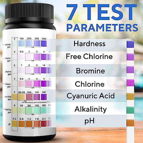 7-in-1 Accurate Pool Test Strips - 150 Hot Tub Spa Test Strips - Quick Pool Water Testing Kit - Bromine, pH, Hardness, Alkalinity, Chlorine & Cyanuric Acid - Perfect for Any Pools, Spa, Hot tubs