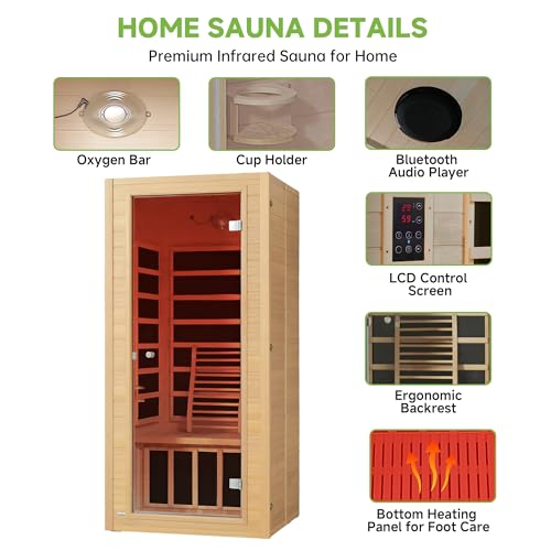 Real Relax Far Infrared Sauna for Home, 1 Person Indoor Home Sauna Low Emf, Canadian Hemlock Wooden Dry Saunas Room with Bluetooth Speakers, 9-Color Light Therapy, 1574w/110v for Personal Spa