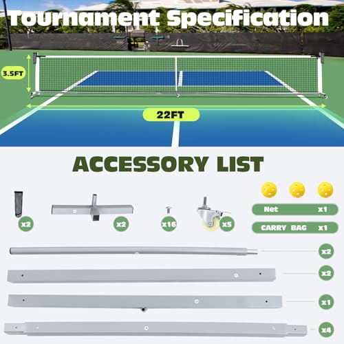 VANCL Portable Pickleball Net 22' Heavy Duty for Indoor & Outdoor USAPA Tournament Pickleball Net System with Locking Wheels & Carry Bag Premium Aluminum Frame