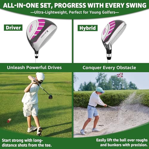 XDriveMax 5 Pieces Kids Golf Club Set, Junior Golf Club Set Ages 5-8 Includes Stand Bag, 5# Hybrid, 6/7#, 9/P# Irons and Putter Right Hand for Boys Girls,Pink