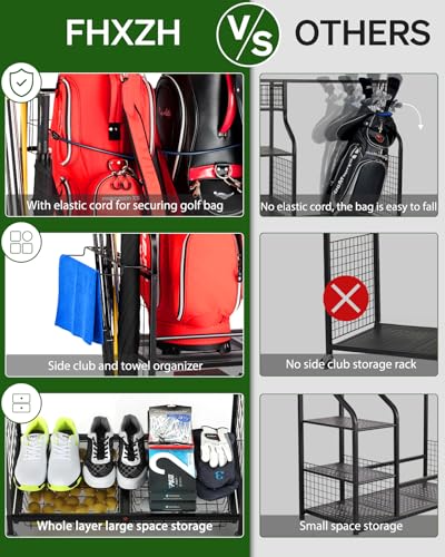 FHXZH Golf Bag Storage Garage Organizer - Golf Bag Stand Fit for 2 Bag, Extra Clubs, Balls, Shoes, and Golf Equipment Accessories, Golf Storage Rack for Garage, Club, Shed (2 Golf Bag Rack)
