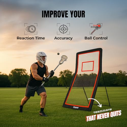 Staunch Sports 4x7ft Lacrosse Rebounder for Backyard, Fields or Indoors - Strong Rebounder Net with 5 Rebound Angles, Neon Target Strap, and 2 Balls - Durable and Versatile Lacrosse Training Equipment