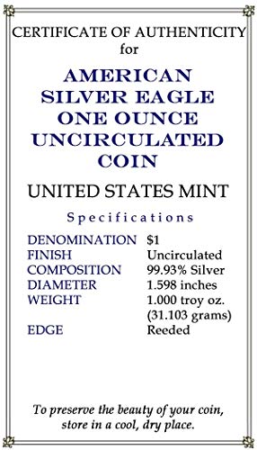 2020 American Silver Eagle .999 Fine Silver with Our Certificate of Authenticity Dollar Uncirculated US Mint