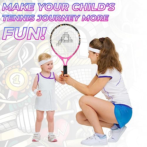 AMA SPORT Kids Tennis Racket for Junior Toddlers Starter Kit 17-25" for Girl Pink and Boy Yellow with 420D Nylon Shoulder Strap Bag, Graffiti Pink 23"