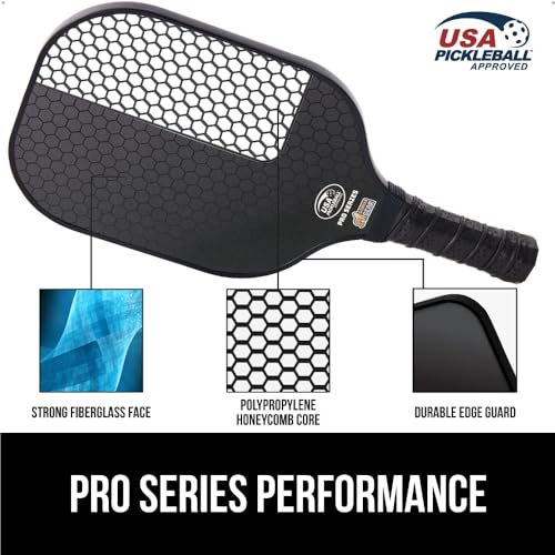 Gorilla Gear USAPA Approved Pickleball Paddles Set of 4, Indoor Fiberglass Shock Absorbent Racket with Comfortable Grip, Outdoor Pickle Ball Court Equipment, Sports Accessories Includes Bag, Black