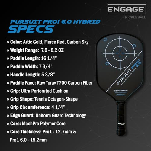 Engage Pursuit Pro1 6.0 Hybrid Carbon Pickleball Paddle - 8.0 oz, 15.2mm MachPro Core, Raw Toray T700 Carbon Fiber, Made in USA (Carbon-Sky,Hybrid)