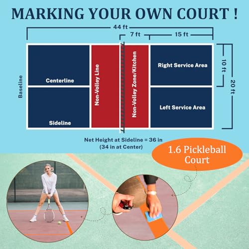 AEXHOT 328FT Pickleball Court Marking Kit Orange Temporary Pickleball Court Lines Tape for Badminton, Tennis, Basketball, Pickleball Court Marking (Orange)