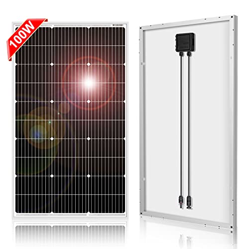 DOKIO 100W 18V Monocrystalline Solar Panel for 12V Battery Charging, Glass Module with Aluminum Frame, MC4 Connector, Pre-Drilled Holes for Rooftop, RV, Boat, Off-Grid Power