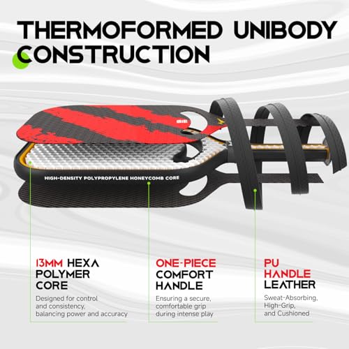 Warping Point Ascent Pickleball Paddles | Carbon Fiber Pickleball Racket with Aero Throat | Textured Grit Surface | 13mm Hexa Polymer Core | USAPA Approved | Designed for Power & Spin | Red
