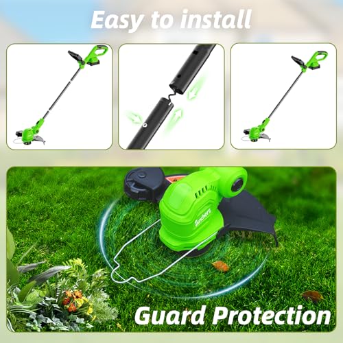 SUNCHERS 12-inch 20V Cordless String Trimmer with Charger, 2 X 2.0Ah Battery Powered Grass Mover with Auto Line Feed, 2 in 1 Lawn Edger with 8 Pcs Grass Cutter Spool Line and 2 Spool Cap, Green