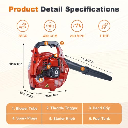 Gas Powered Leaf Blower, 28 CC 1.1-HP 2-Stroke Engine, Powerful 490 CFM & 280 MPH Gas Leaf Blower, Lightweight Handheld Design for Lawn Care, Driveway Cleaning, and Light Snow Removal