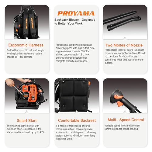 PROYAMA 72CC Gas Backpack Leaf Blower, 2-Cycle 880CFM 275MPH Gas Powered Engine, 2 in 1 Nozzle Low Vibration and Ergonomic Design with Cruise Control for Outdoor GardenYard Cleaning and Snow Removal