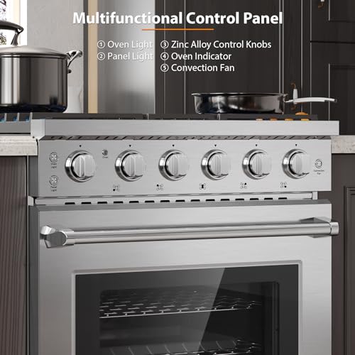 Empava Gas Range,True Convection Oven 4.55 Cu. Ft, 5 Deep Recessed Burners Cooktop, Heavy Duty Continuous Grates in Stainless Steel with Storage Drawer, Freestanding & Slide-In,30 Inch