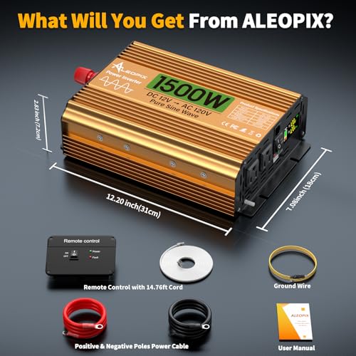 1500 Watt Inverter 12V DC to 110V/120V AC, Pure Sine Wave Inverter for Truck/RV/Home/Solar/Off-Grid, Surge 3000W Pure Sine Power with 2 AC Sockets, 5V 3.4A USB, Digital Display, Remote Controller