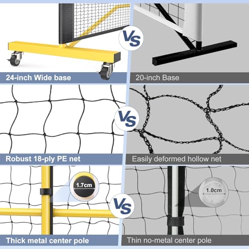 TYRSEN Pickleball Net Set - 22FT Net on Wheels, 4 Paddles, 6 Balls, 12 Court Markers, 1 Bag, Indoor/Outdoor Play