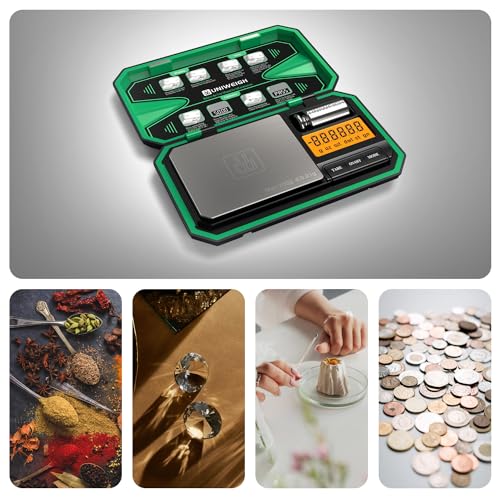 UNIWEIGH Digital Pocket Scale Precision 200g/0.01g, Digital Scale Grams Ounces, Mini Jewelry Scale, Coins Scale with 50g Cal Weights for Gold/Silver/Gems/Food,(Battery Included)-Green