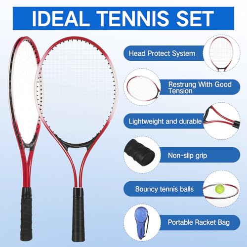 Motionchic Tennis Rackets Recreational 21 Inch Lightweight Tennis Racket with Balls for Training Beginners with Overgrips Carry Bag(Blue,Red)