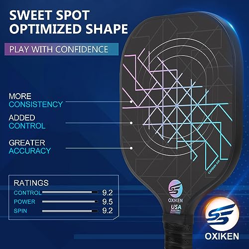 SS OXIKEN Pickleball Paddles Set of 2, USAPA Approved Carbon Fiber Pickle Ball Paddle (CHS) Polypropylene Honeycomb Core, Anti Slip Sweat Absorbing Grip, 2 Outdoor Pickleball, 2 Indoor Pickleball, Bag
