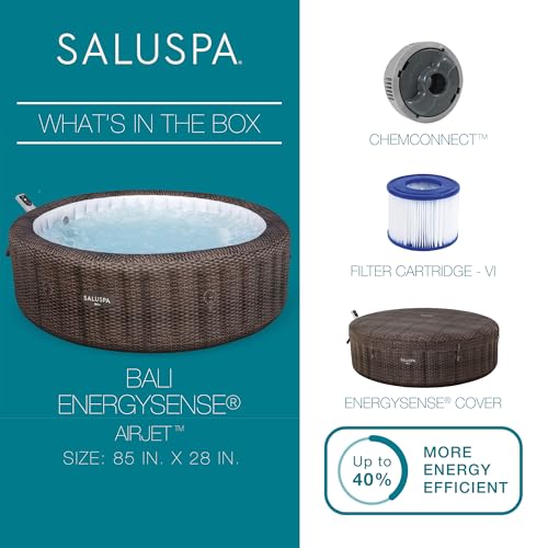 Bestway SaluSpa Bali Smart AirJet Inflatable Hot Tub Round Portable 5-7 Person Spa with 180 AirJets, App Control and EnergySense Cover, Brown Rattan