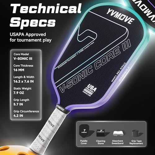 Pickleball Paddles for Advanced Players | Control & Power | Ti-Carbon Hybrid Face | V-Sonic III Kinetic Core 16MM | Large Sweet Spot | Mid-Weight | Extended Grip | USAPA (Purple)