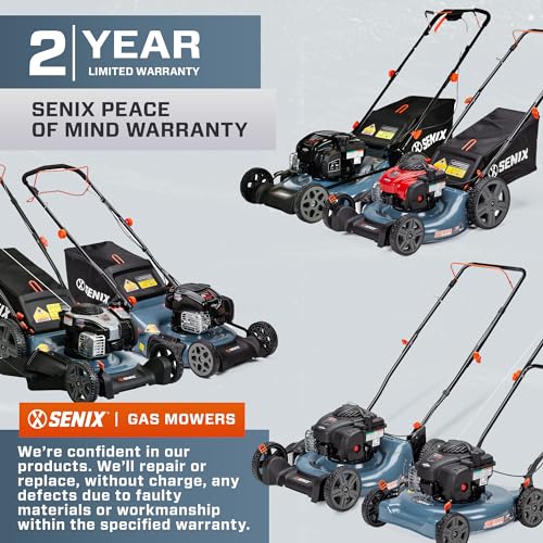 SENIX LSPG-M7 21'' Gas Push Lawn Mower, with 140 cc 4-Cycle Briggs & Stratton Engine, 3-in-1 Bagging, Mulching, and Side Discharge, 6-Position Dual Lever Height Adjustment, 16 Gallon Grass Bag