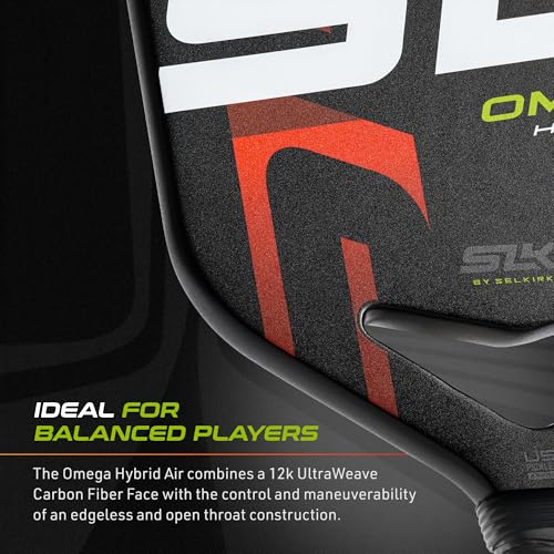 Selkirk Sport SLK Omega Hybrid Air Elongated Pickleball Paddles | Carbon Fiber Pickleball Paddle with Polymer Core | Aerodynamic Open Throat Design for Power and Control | ProSpin+ Texture | Max Ember