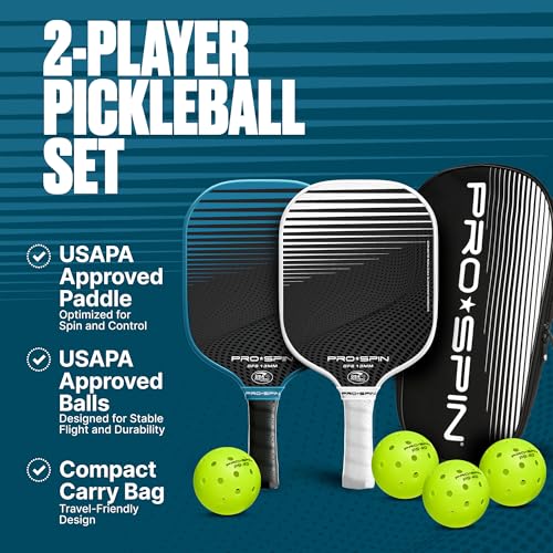 PRO-SPIN Carbon Fiber Pickleball Paddles Set of 2 | Lightweight Pickleball Set with Indoor/Outdoor Balls and Bag – Durable Pickle Ball Paddle Gift for Men, Women & Families