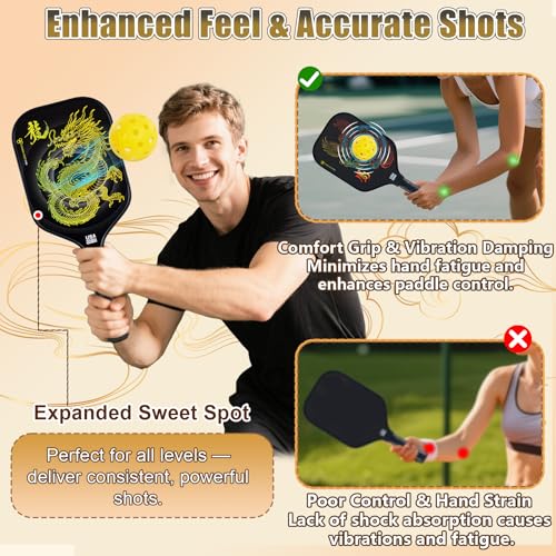 Pickleball Paddles Set of 2 – Lightweight Carbon Fiber Pickleball Paddles, Durable 2 Paddles + 4 Outdoor Balls + Bag, Best for Beginner & Pro