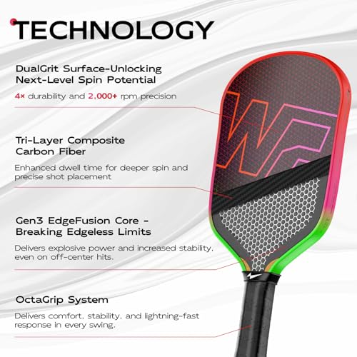 Warping Point Rainbow Power Pickleball Paddle，Gen 3 EdgeFusion Core Ignites Explosive Speed, 3-Layer Carbon Fiber & DualGrit Surface Deliver Pro-Level Spin, Edgeless Elongated Design, USAPA Approved
