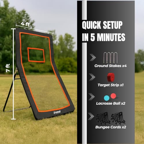 Staunch Sports 4x7ft Lacrosse Rebounder for Backyard, Fields or Indoors - Strong Rebounder Net with 5 Rebound Angles, Neon Target Strap, and 2 Balls - Durable and Versatile Lacrosse Training Equipment