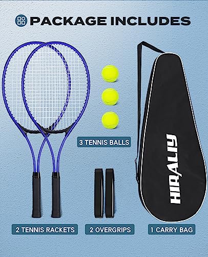 HIRALIY Blue Tennis Rackets Set of 2 for Teenagers & Beginners - 27 Inch Student Recreational Tennis Racquet - Durable Reinforced Practice Gear for High School & Backyard