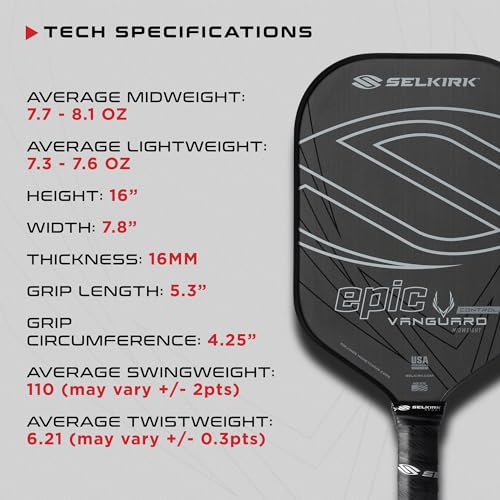 Selkirk Vanguard Control Pickleball Paddle | Quad Carbon Fiber Pickleball Paddle with a Polypropylene X5+ 16mm Core | Pickleball Rackets Made in The USA | Control Epic Midweight