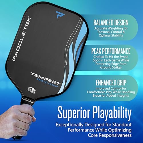 Paddletek Tempest TKO-C - Professional Pickleball Paddles with Polymer Honeycomb Core - PT-700 Unidirectional Carbon Fiber – Torsional Weighting & High Tack Performance Grip - USAPA Approved - Riptide