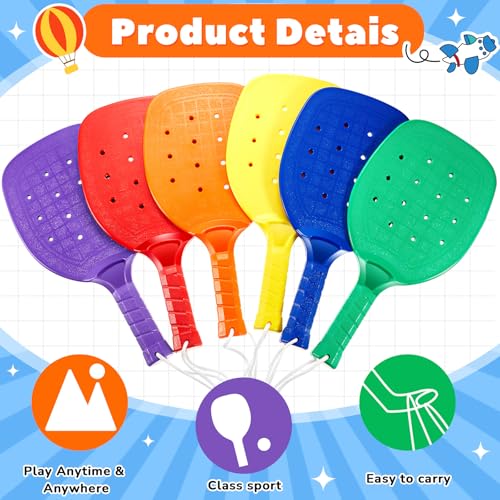 Seenelling Plastic Paddleball Racket PE Equipment for Elementary School with Lanyard Classes Equipment, 15.2 x 7.5 Inches (Yellow Orange Purple Red Blue Green,12 Pcs)