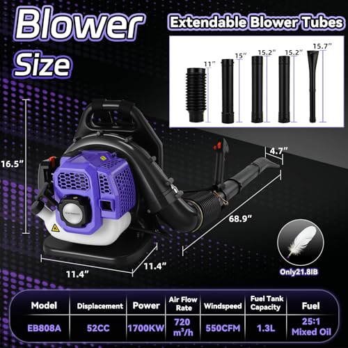 52CC Backpack Gas Leaf Blower, 720 CFM, 230 MPH 2-Stroke Blower with Adjustable Speed, Low Noise, and Ergonomic Design for Lawn, Yard, Garden & Commercial Use-Purple
