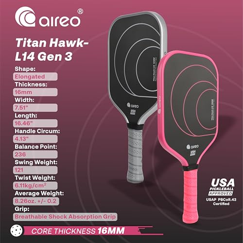 AIREO Titan Hawk Gen 3 Pink Pickleball Paddle, Real Titanium + T700 Carbon Fiber Pickleball Racket, Ultra Spin Surface, USAPA Approved Pickle Ball Paddle for Advanced & Pro Players