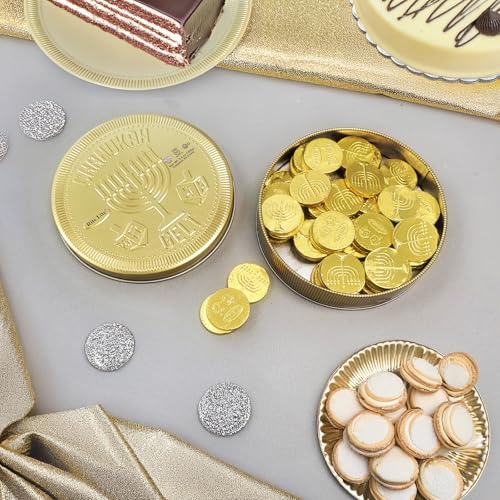 Hanukkah Chocolate Gelt Gold Collectible Tin with 3gr, 50 Gold Foiled Coins, Kosher Dairy Chanukah – Festive Jewish Holiday Party Favors Metal Tin Judaica Hostess Gifts Made in Israel 5.3oz
