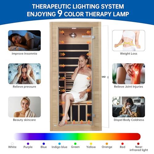 RESTISLAND Infrared Sauna Room for Home, Near Zero EMF Wooden 1 Person Indoor Home Sauna with Bluetooth, LCD Control Panel, Chromo Therapy Light